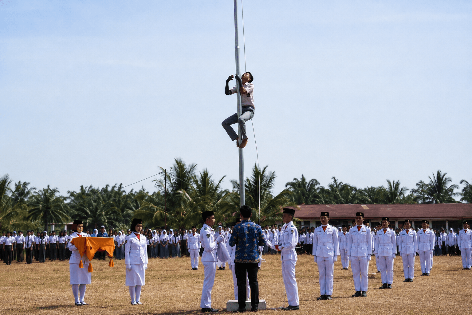 Aksi Heroik Siswa SMAN 1 Panai Hilir Panjat Tiang Bendera Saat Upacara HUT ke-81 RI