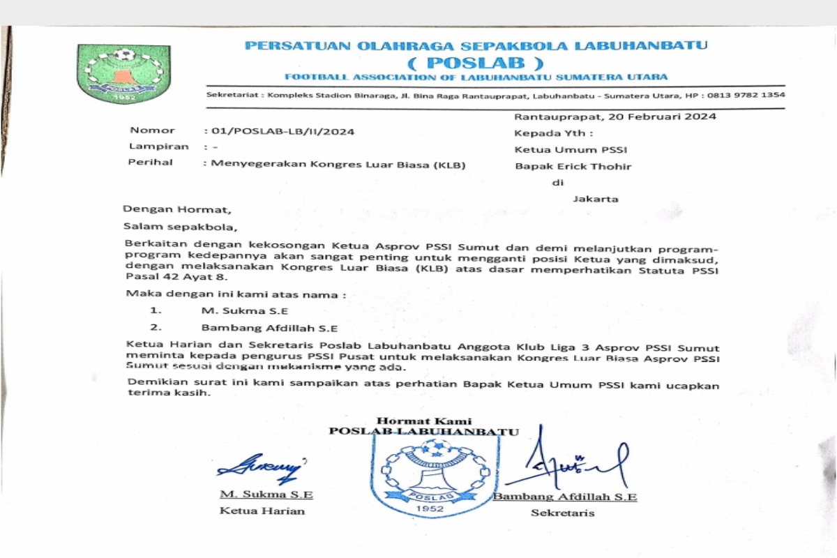 Surati PSSI, Persatuan Olahraga Sepak Bola Labuhanbatu Desak Lakukan Kongres Luar Biasa