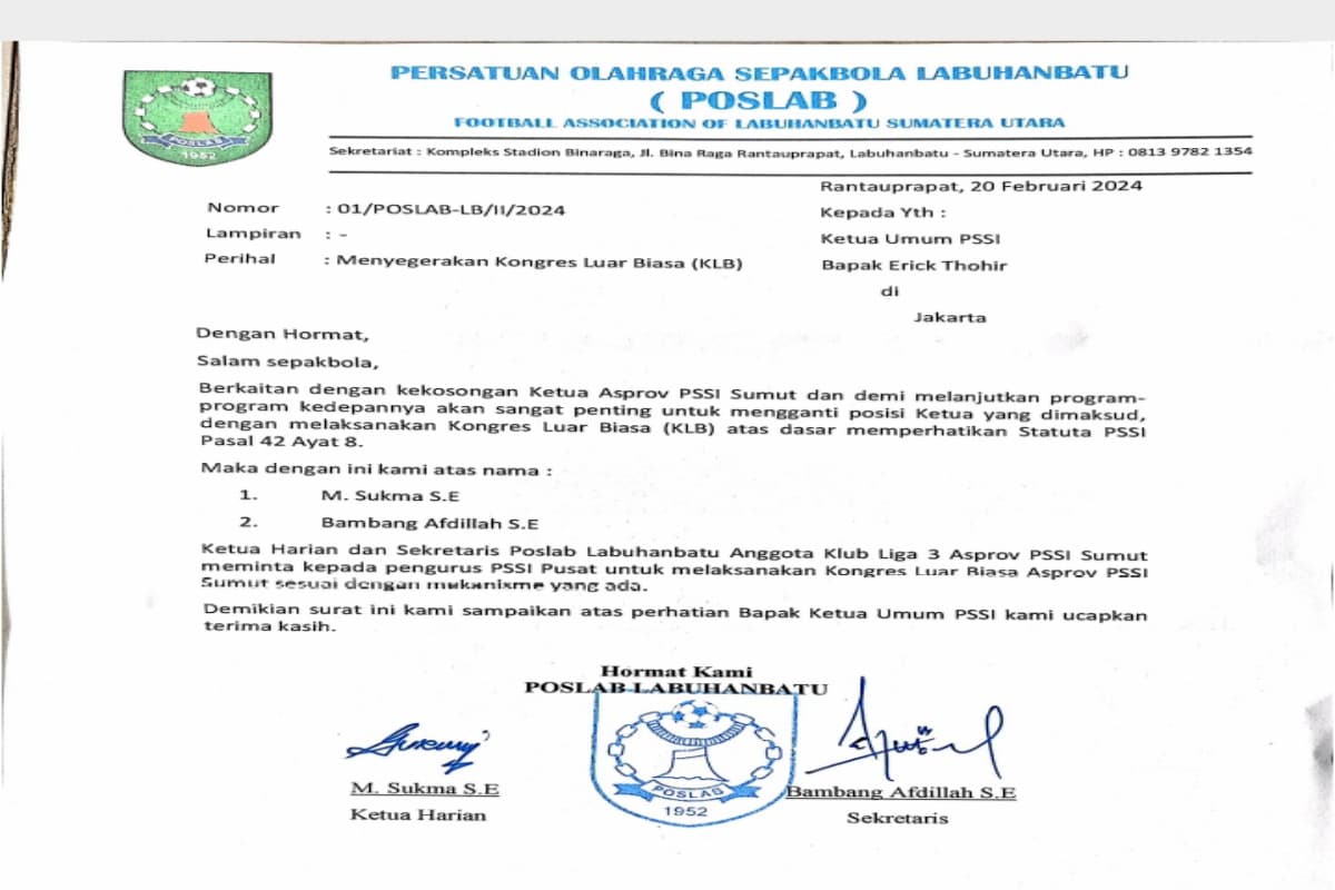 Surati PSSI, Persatuan Olahraga Sepak Bola Labuhanbatu Desak Lakukan Kongres Luar Biasa