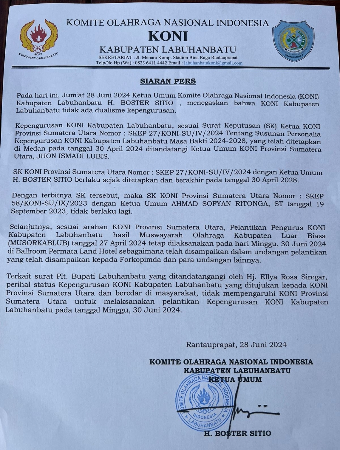 Hasil Musorkablub, Boster Sitio Tegaskan Tidak Ada Dualisme di KONI Labuhanbatu, Pelantikan Tetap Dilaksanakan