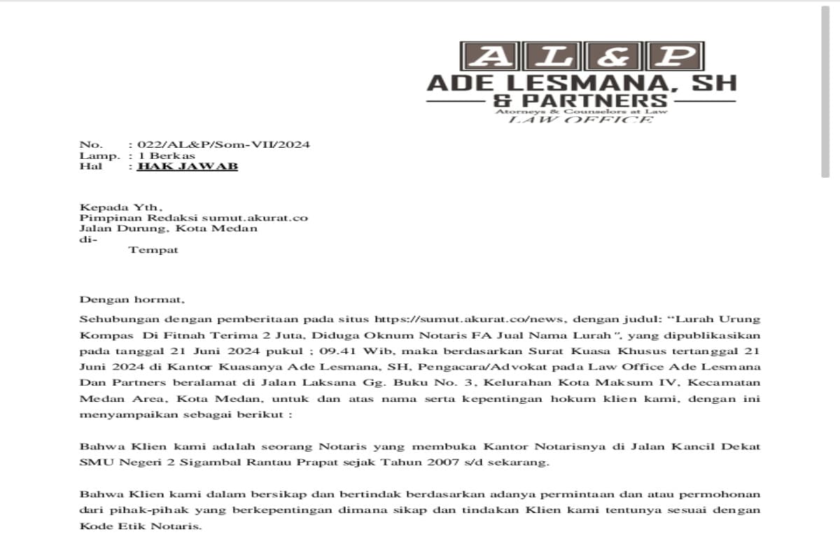 Hak Jawab Notaris YA Terkait Lurah Difitnah Terima Rp. 2 Juta, Oknum Notaris Jual Nama Lurah