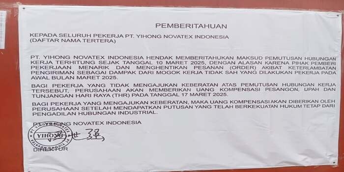 Gerbang Pabrik Dibuka Lagi! PT Yihong Novatex Siap Rekrut Karyawan Lagi Lewat Disnaker
